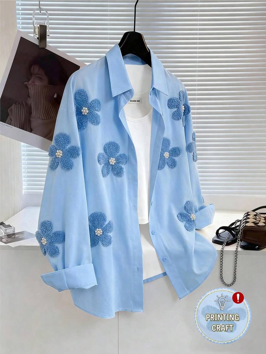 Resyla Women's 3D Faux Pearl Floral Print Button Front Shirt - Multicolor - View 1