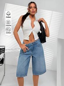 SHEIN Quần short jean cạp thấp, màu xanh dương nhạt, kiểu dáng đường phố, dài đến dưới đầu gối. - Rửa trung bình - Xem 1