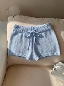 Comfortcana 秋冬季纯色高腰抽绳休闲毛衣短裤套装 - 藍色 - 查看 4