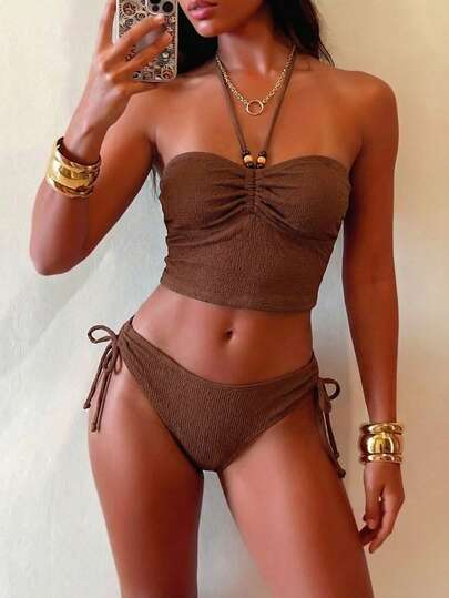 Swim Chiccia Bikini da donna in tessuto speciale, 2 pezzi, nuovo set arancione con perline, stile elegante e sexy, adatto per spiaggia, piscina, festa