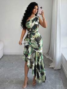 Franclia 女士单肩模糊染色印花连衣裙，不规则下摆荷叶边设计，春夏连衣裙，不规则下摆设计连衣裙，时尚优雅，适合日常穿着、婚礼、宴会、通勤、毕业派对、节日活动、度假等场合。 - 綠色 - 查看 5