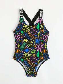 SHEIN 新款时尚爱心印花连体泳衣，字母肩带，适合年轻女孩度假、郊游、假日旅行和夏季穿着。 - 彩色 - 查看 3