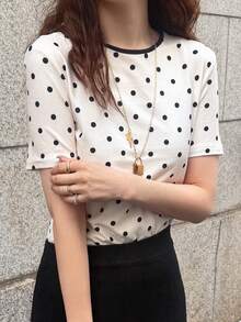 FRIFUL Women's Round Neck Flocked Polka Dot Fitted Contrast Trim T-Shirt Summer - Apricot - View 2
