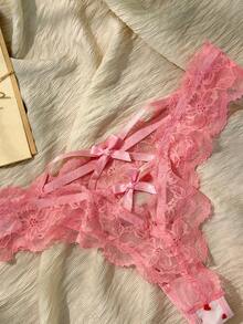 女士性感爱心植绒蕾丝边丁字裤 - 粉色 - 查看 6