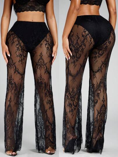 Radiana Women's Sexy Elegant Distinctive Black Lace Pants, Sheer Long Pants, Black Trousers, Party Bottoms, Suitable For Party, Banquet, Evening Event, Birthday, Date, Club, Nightclub, Cocktail Party, Island Resort, Beach, Bikini Cover-Up, Vacation Outfit