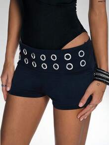 TRNVIE 1件黑色性感朋克风低腰紧身超短休闲短裤，适合夜店派对、街头服饰。 - 藏蓝色 - 查看 4