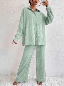 EMERY ROSE Conjunto casual de 2 piezas de blusa de manga larga con botones delanteros de unicolor y pantalones con bolsillos en diagonal para mujer - verde menta - Ver 6