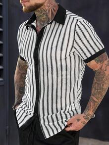 Manfinity CasualCool Camisa de polo de rayas con cuello, de corte recto y manga corta, versátil para uso diario. Camisa de punto con botones para hombre, en blanco y negro. Camisa de malla para hombre, para uso diario, ocio, viajes de fin de semana, actividades al aire libre, expediciones de viaje, entornos de trabajo relajados o ocasiones semi-formales. Regalo para novio/esposo, regalo de aniversario/cumpleaños, fiesta, vacaciones de verano, boda, de primavera a verano, atuendo de crucero, atuendo de yate, atuendo de playa para hombre. - Blanco - Ver 6