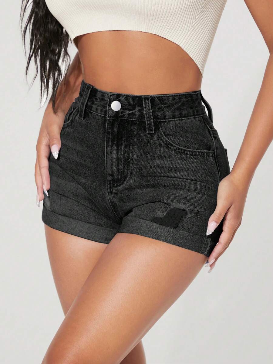 SHEIN PETITE 夏季休闲水洗做旧修身牛仔短裤 - 深灰色 - 查看 1
