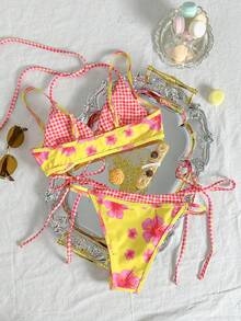 Swim Mod 2026新款女士夏季沙滩爆款可爱碎花撞色红色格子印花露背性感吊带三角泳裤休闲泳衣比基尼 - 彩色 - 查看 2
