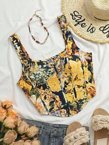 SHEIN VCAY 大码休闲碎花露脐背心 - 藏蓝色 - 查看 1