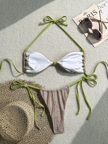 Swim Vcay Bộ bikini hai mảnh mùa hè dành cho nữ, chất liệu vải dệt họa tiết, điểm nhấn là áo và dây buộc bên hông, đính cườm, thích hợp cho kỳ nghỉ biển. - Nhiều màu - Xem 2