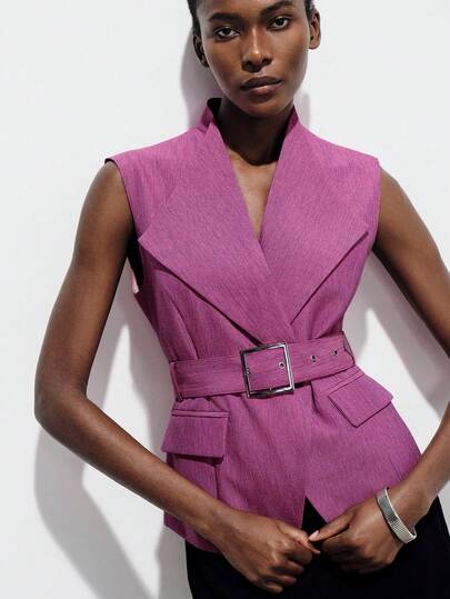 Aveloria Modichic New Fashion Large Lapel Self-Tie Belt Women's Dual-Color Faux Linen Bamboo Knot Waist Belt Sleeveless Blazer Vest