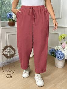 EMERY ROSE Plus Size Women Casual Solid Color Cotton Fold-Over Pants Fall - Pink - View 1