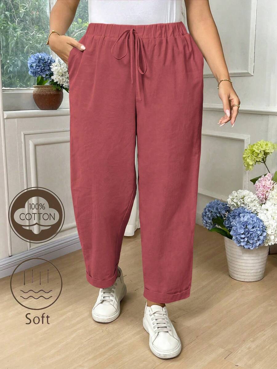 EMERY ROSE Plus Size Women Casual Solid Color Cotton Fold-Over Pants Fall - Pink - View 1