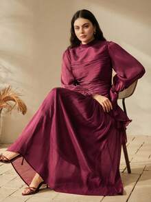 Anewsta Women's Long Dress With Pleated Design, Elegant And Fashionable Formal Gown Fall - Burgundy - View 3