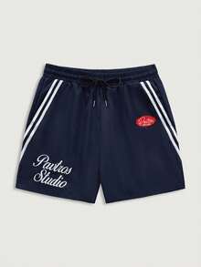 Courvante Tennis Men's Young Fashionable, Letter, Stripe, Graphic, Streetwear Inspired Shorts, Woven Fabric, Elastic Waist Drawstring, Webbing Decorated, Retro Style - Navy Blue - View 3