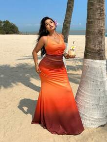 Sunnyshic Plus Size Fashion Ombre Cowl Neck Top And Fish Tail Skirt 2 Pieces Set, Suitable For Beach Vacation - Purple - View 5