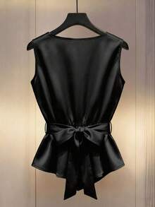Ellegaria. Áo kiểu nữ không tay cổ chữ V, thắt eo, chất liệu satin, thích hợp cho đi làm hàng ngày, công sở, dự tiệc, sự kiện buổi tối, hẹn hò và các dịp khác. - màu đen - Xem 2