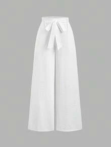Sweetra Women's Solid Color Minimalist Daily Wear Bowknot Tie Pants, Spring/Summer - White - View 3
