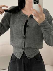 DAZY 女士蝴蝶结纽扣圆领宽松开衫，秋季女装 - 深灰色 - 查看 2