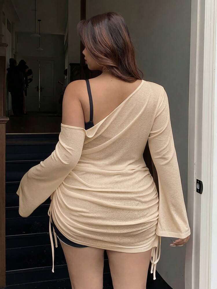 Dazy Plus Solid Color Sheer Shoulder Drawstring Vacation Short Cover-Up