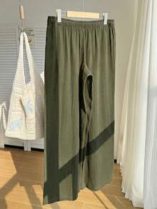 Comfortcana 夏季纯色褶皱纹理面料宽松抽绳腰带休闲度假阔腿裤，大码 - 軍綠色 - 查看 2
