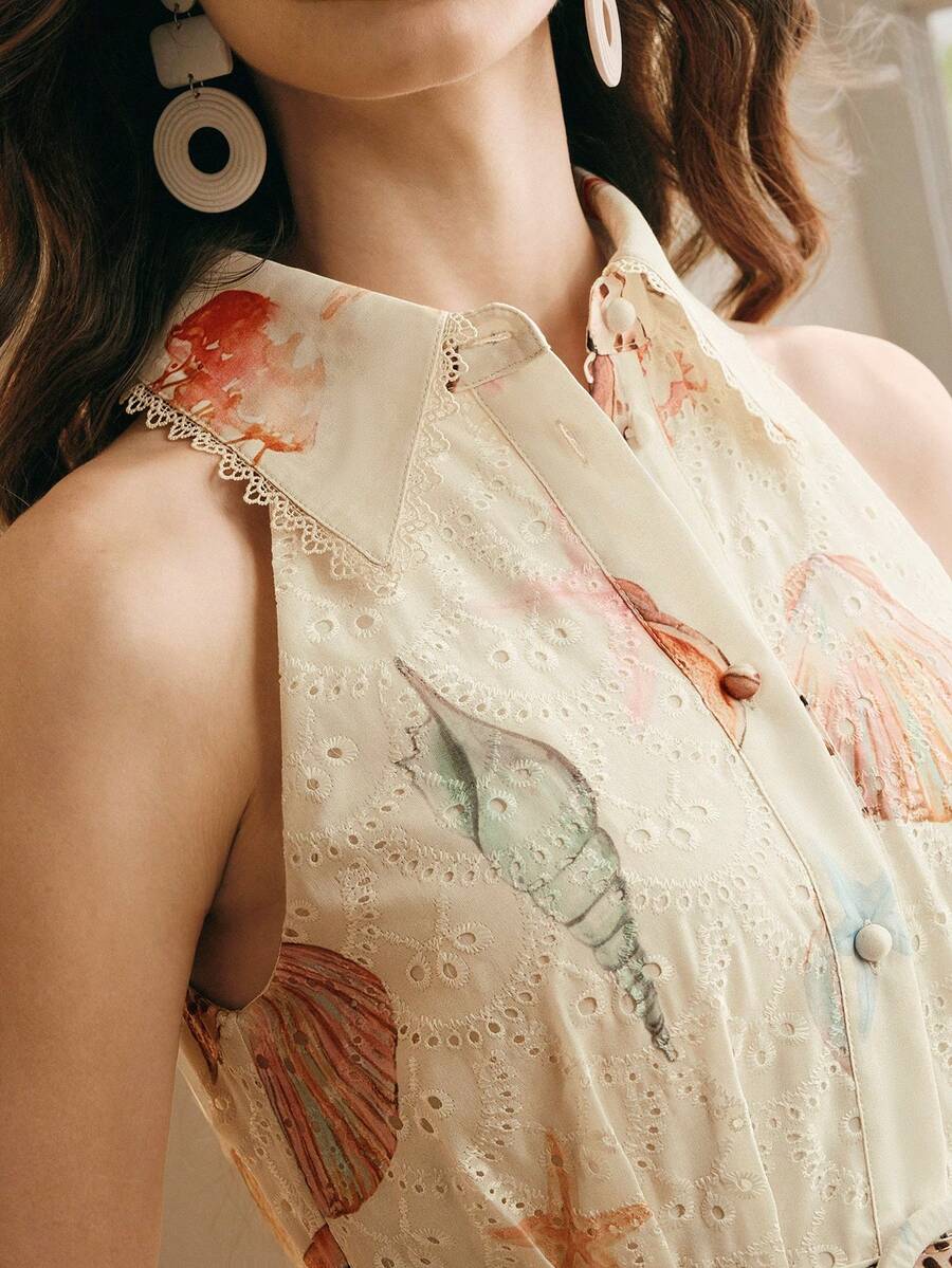 Anewsta Đầm chữ A thanh lịch, gợi cảm dành cho nữ, cổ polo, bèo nhún, phối họa tiết rỗng, thêu họa tiết sóng biển, thích hợp cho kỳ nghỉ biển. - Nhiều màu - Xem 1