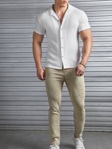 HIMLAND Men's Casual Solid Color Short Sleeve Shirt, Summer ,Men's White Button Down Textured Beach Shirt ,Summer Breathable Linen Look Top ,Relaxed Fit Camp Collar Vacation Blouse ,Casual Solid Color Crinkled Fabric Tee ,Bohemian Style Menswear For Wedding ,Lightweight Non-Iron Travel Shirt ,Vertical Pleated Short Sleeve Shirt ,Men's Textured Short Sleeve Shirt ,Camp Collar Crinkle Button Down Top ,Summer Beach Resort Casual Blouse ,Men's White Textured Camp Collar Shirt - The Ultimate Vacation Essential ,Men White Shirts - White - View 3