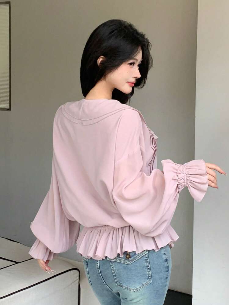 Women's Casual V-Neck Loose Pleated Ruffle Hem Vacation Summer Blouse