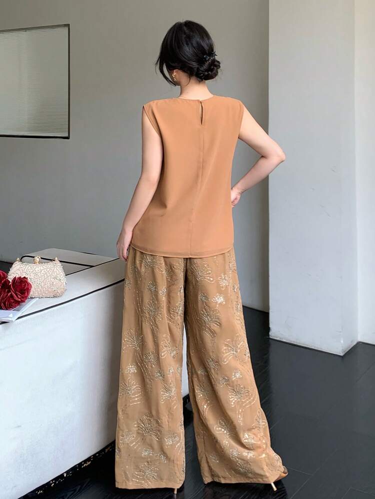 Women's Sleeveless Criss-Cross Beaded Top And Wide Leg Pants Two Pieces Casual Vacation Summer Set