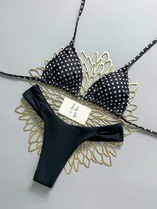 Swim Mod 26SS Spring/Summer Vacation Beach Polka Dot Cute Bikini Set - Black and White - View 8