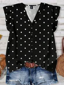 休闲简约复古波点印花V领荷叶边下摆加大码女式短袖衬衫，适合夏季穿着，黑色上衣，度假必备 - 彩色 - 查看 1