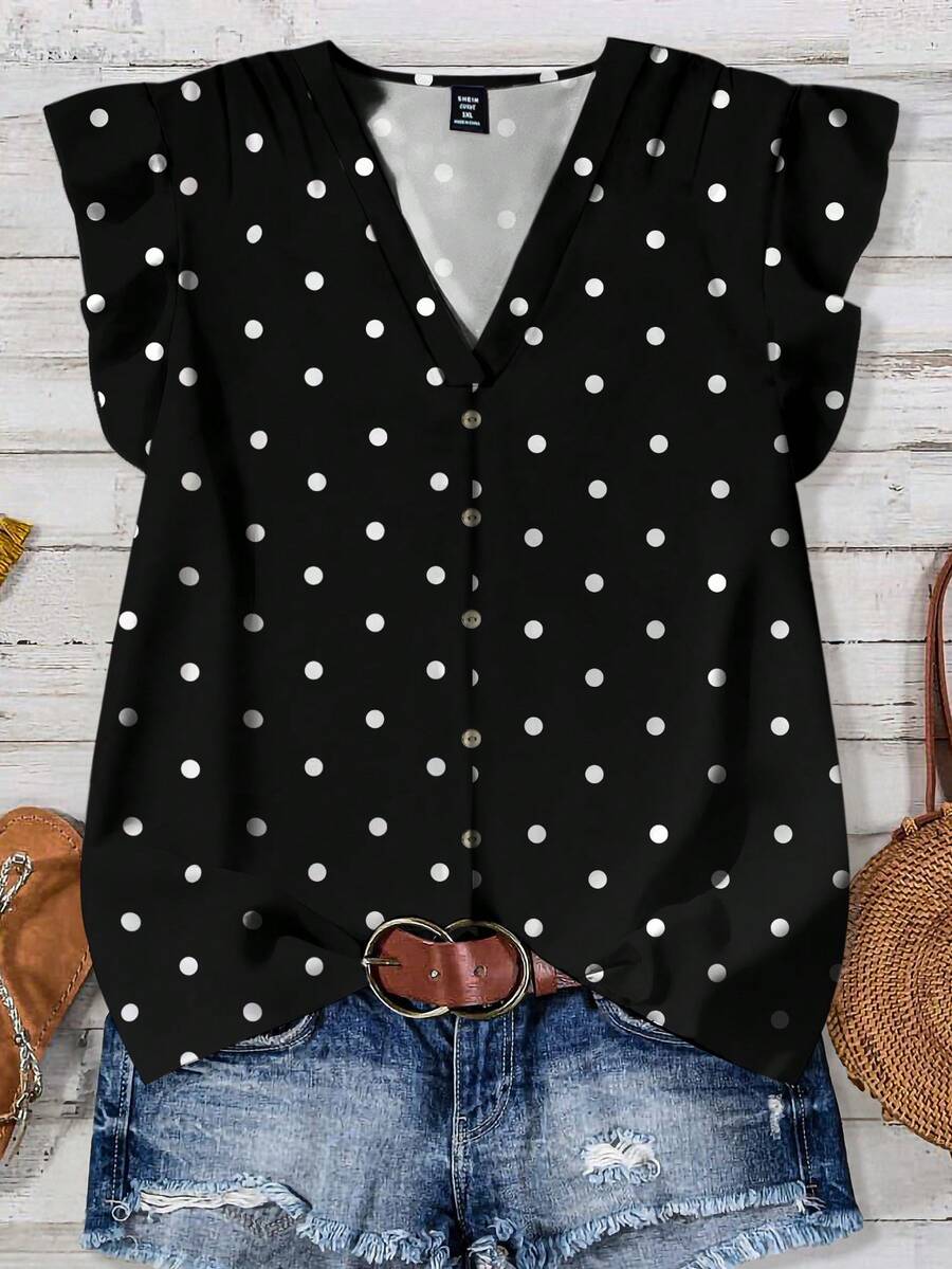休闲简约复古波点印花V领荷叶边下摆加大码女式短袖衬衫，适合夏季穿着，黑色上衣，度假必备 - 彩色 - 查看 1