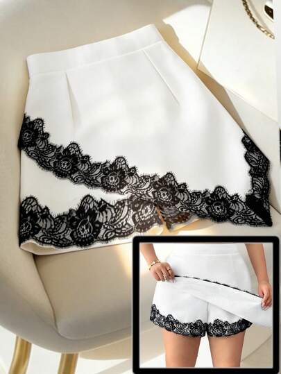 Elenzga 大码女式白色编织撞色蕾丝边不对称休闲时尚性感短裙。适合场合：日常休闲穿着、约会、派对/夜店、轻度社交活动、街头/街拍。