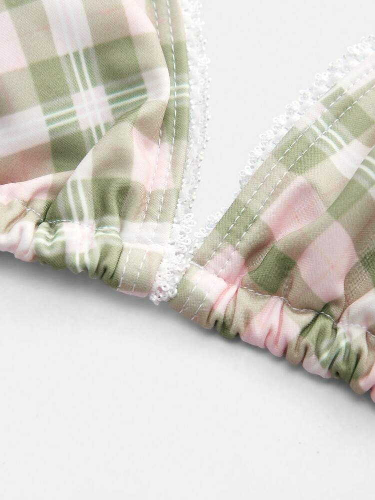 Checks Triangle Bikini Set With Scallop Trim And Bows Details Boho Vacation Swimwear Spring Summer Holiday 2 Pieces Swimwear Beach Outfit