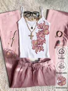 SHEIN White And Pink Sequin Floral Patchwork Cami Top Spaghetti Strap Heavy Embroidery Flower Applique Coquette Aesthetic Y2k Summer Date Streetwear Party - White - View 3