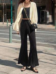 FRIFUL 女士休闲时尚街头日常通勤荷叶边喇叭裤夏季 - 黑色 - 查看 3