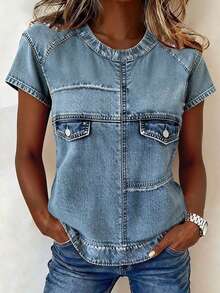 Denim Effect Print Round Neck Fitted Short Sleeve T-Shirt - Blue - View 3