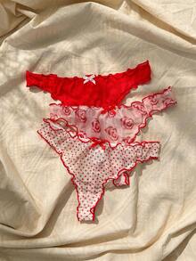 3packs Lettuce Trim Bow Front Sexy Thongs Lingerie Bow Tie - Red and White - View 3