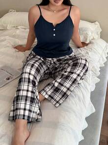 SHEIN Plaid Print V-Neck Button-Up Design Camisole & Pants Pajama Set, Plus Size - Navy Blue - View 5