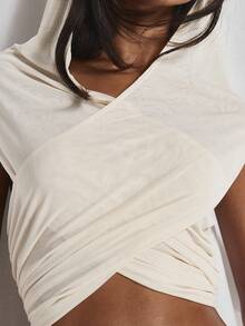 MUSERA Draped Ruched Cross Over Hooded Top Coord Top Only Cute Holiday Sexy Night Out Vacation Spring Summer Elegant Soleil Drape - Cream - View 6