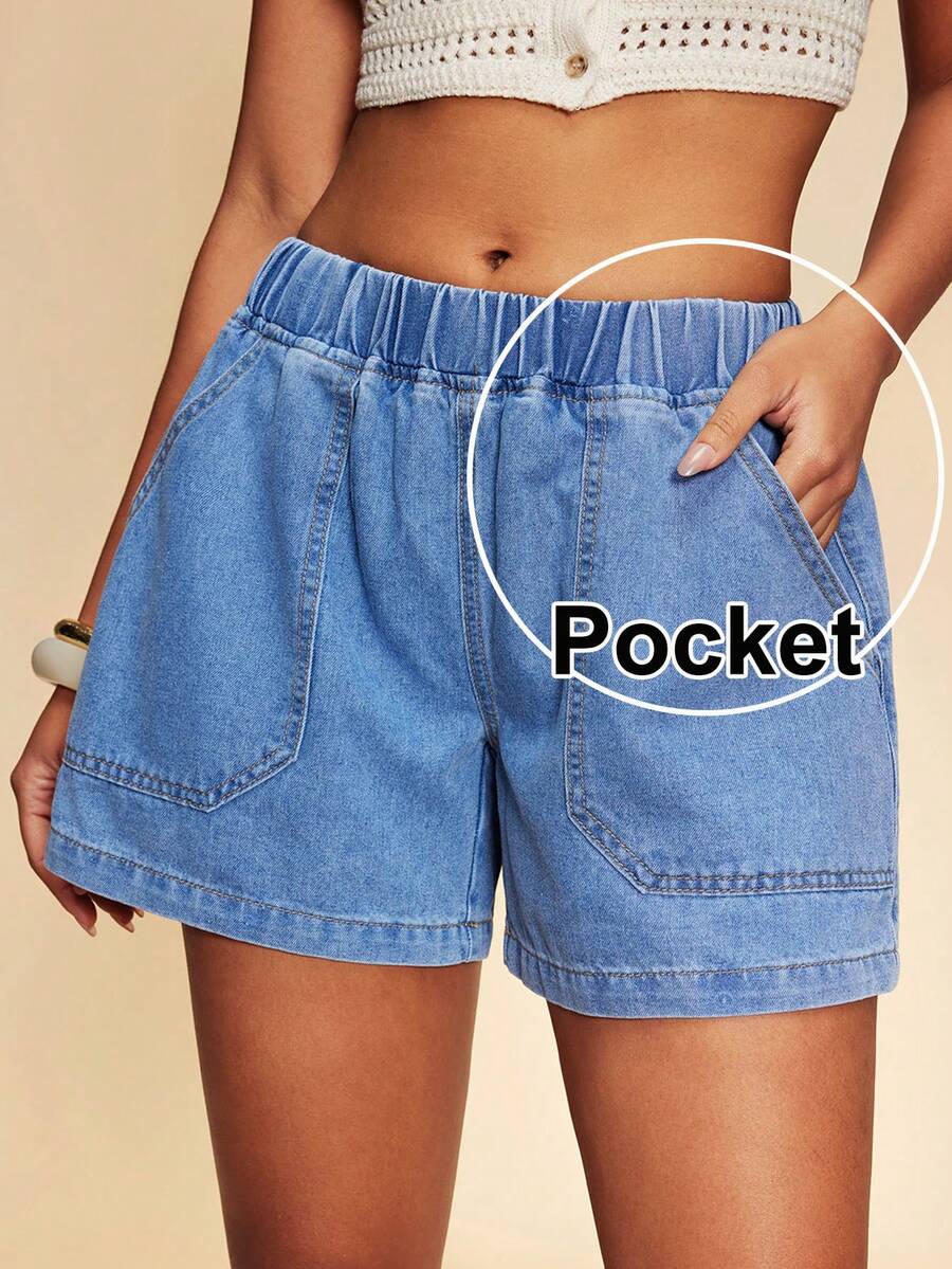 Travachic Women's Blue Denim Shorts, Casual Summer Shorts, With Pockets, Comfortable Elastic Waistband, Loose Fit. Women's Elastic Waist Shorts - Light Wash - View 1