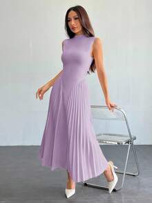 SHEIN PETITE Elegantes plissiertes, figurbetontes A-Linien-Kleid für Damen, Sommerkleider für Damen, Petite Damen - Violett - Übersicht 4