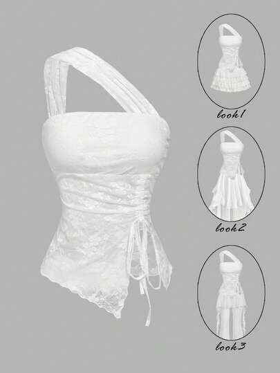 SHEIN MOD White Asymmetric Strap Slim Drawstring Slit Hem Women's Tank Top With Lace – Bohemian, Beachwear, Date, Party, Women's Summer And Spring Wear, Spring Break, Vacation, Picnic, Festival, Birthday White Corset Tops For Women White Tube Top Women Lace Undershirt Bandana Top