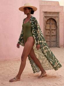 Zivah 2026 Women's Vacation Casual Beach Sheer Chiffon Print Long Kimono Style Cover Up - Army Green - View 2