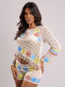 Swim Chiccia 女士优雅镂空新款沙滩罩衫，常规版型长袖，夏季沙滩度假 - 彩色 - 查看 6