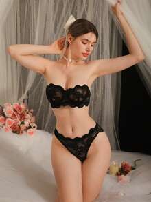 SHEIN Women's Lace Back Dual Strap Design Bra And Panty Lingerie Set - Black - View 5
