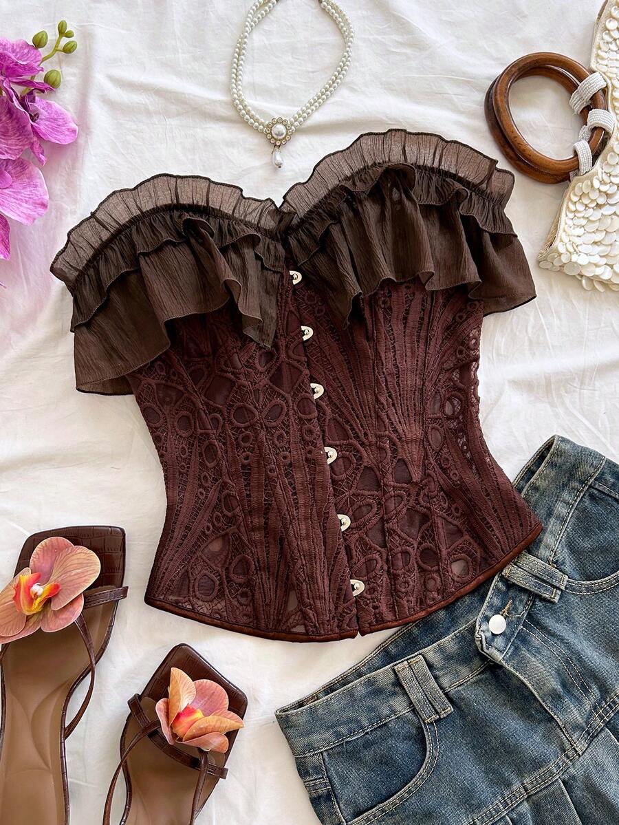 Soleia Top bandeau sexy y versátil con fruncidos y patchwork para mujer - Café integral - Ver 1