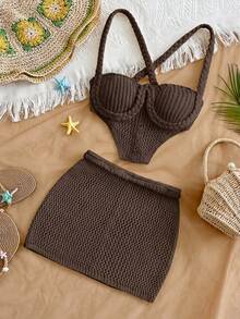 Soleia Women's Solid Color Minimalist Knitted 2 Pieces Set, Everyday Wear - Coffee Brown - View 3